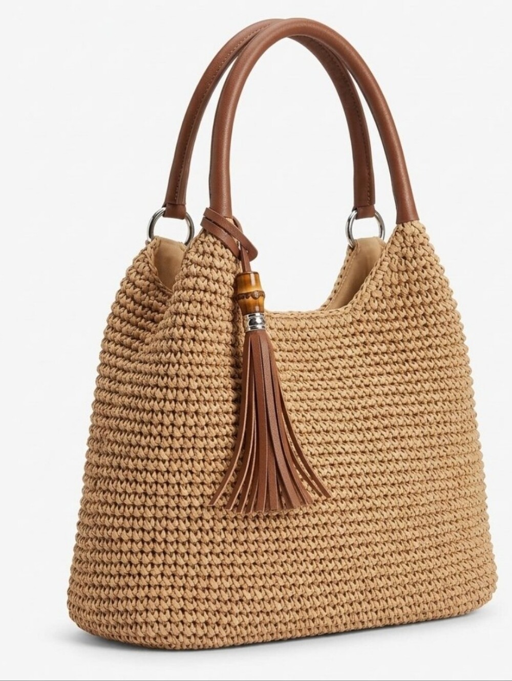 STRAW STUDIOS Woven Straw Tote Bag with Brown Leather Handles